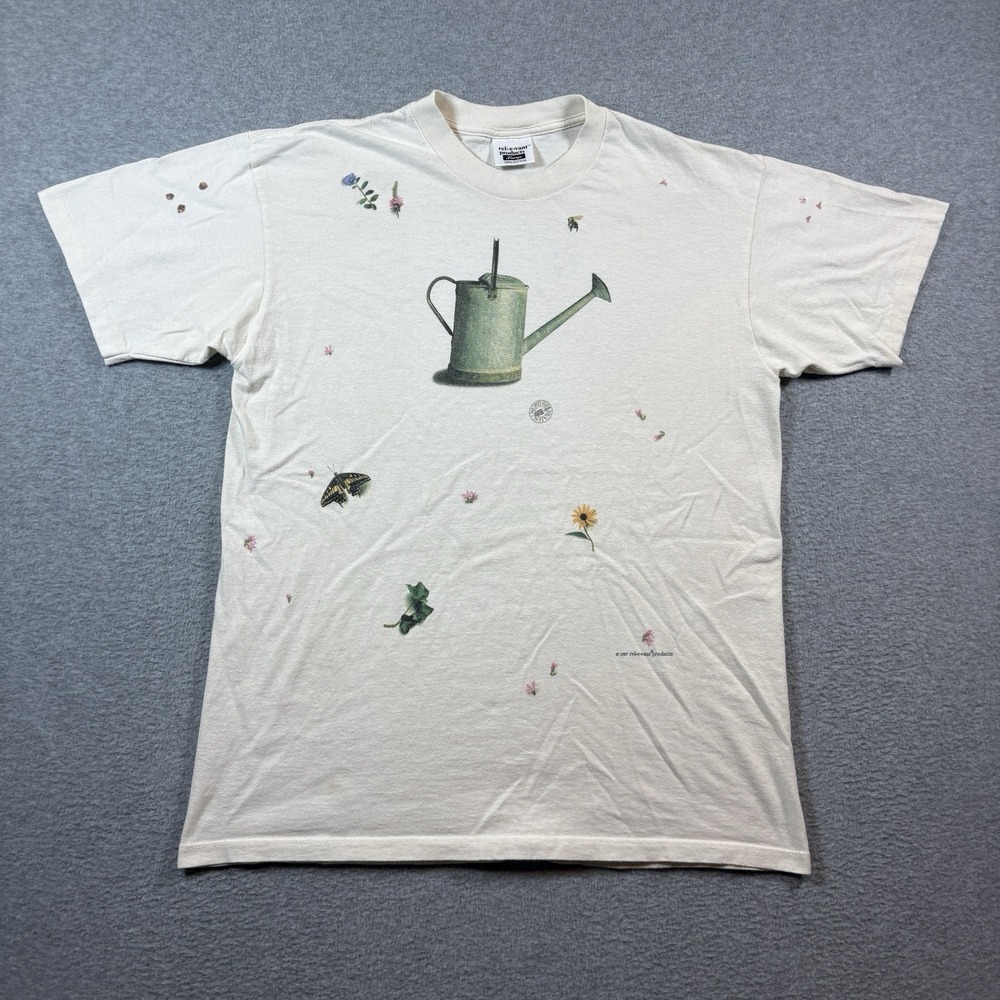 Vintage 1997 Relevant Products Garden T Shirt L Watering Can Butterfly 90s AOP